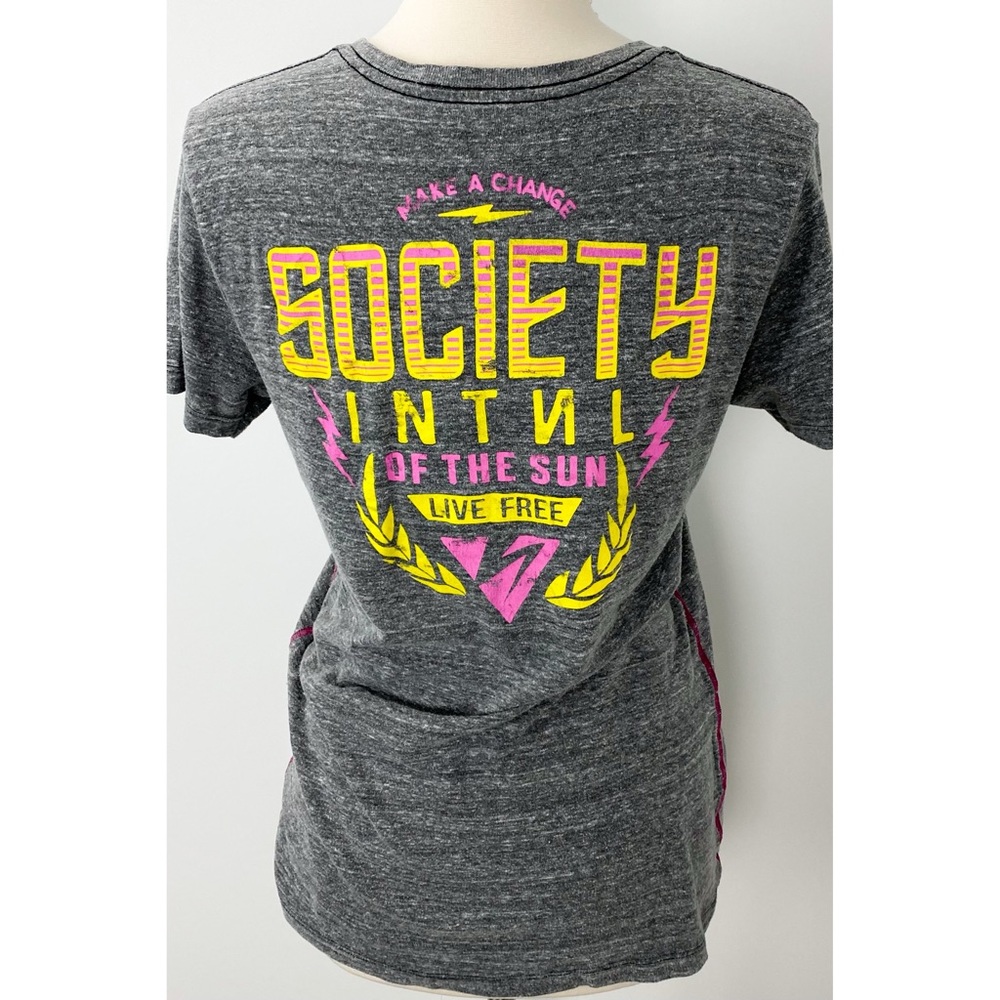 Society Live Free Yellow Pink Screenprint V Neck Tee Grey Large INV184